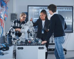 In Robotics Development Laboratory: Black Female Teacher and Two Students Work With Prototype of Robotic Hand. Young Student Telling Something with Smile and Brainstorming with Her Team.
