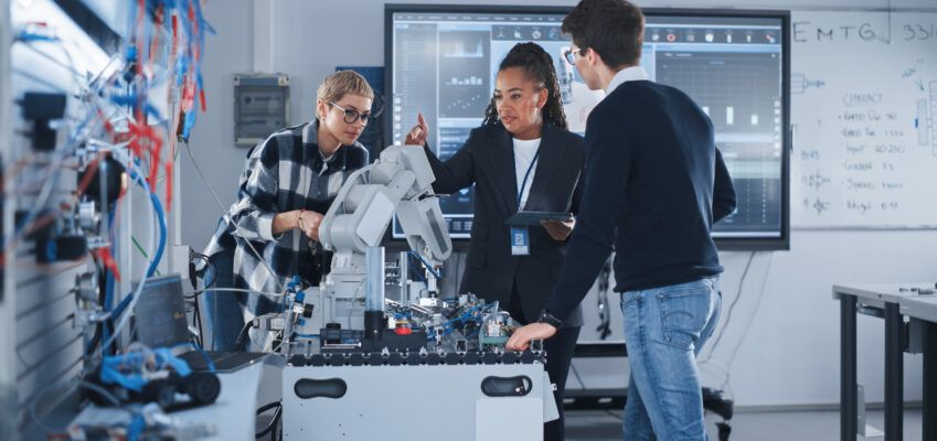 In Robotics Development Laboratory: Black Female Teacher and Two Students Work With Prototype of Robotic Hand. Young Student Telling Something with Smile and Brainstorming with Her Team.