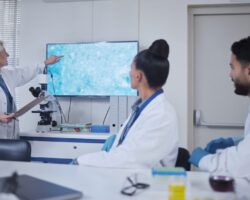 Presentation, science and scientist speaker in the laboratory meeting, training or seminar. Innovation, leadership and senior female researcher presenting discovery to her team with technology in lab