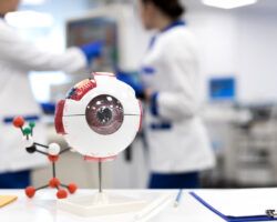 Enlarged human eye model with scientists on blurred background