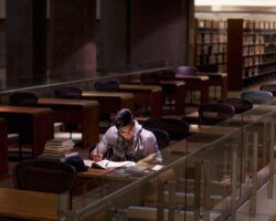 Student in library researching