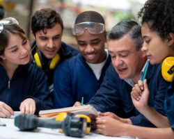 Teacher talking to a group of industrial design students