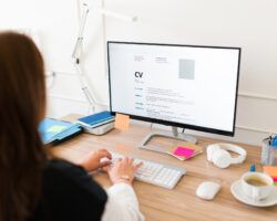 Woman seen from behind working on her new resume