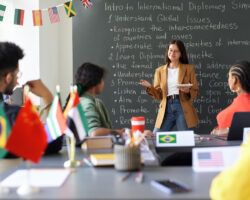 Teacher explaining material to students at lesson