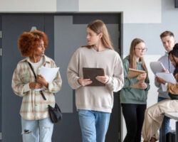 University students walking corridor