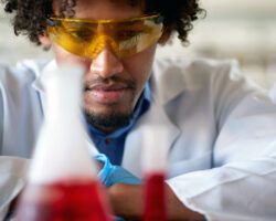 A young male chemistry student observes a chemical in a test tube in the laboratory.