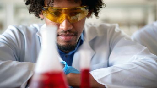 A young male chemistry student observes a chemical in a test tube in the laboratory.