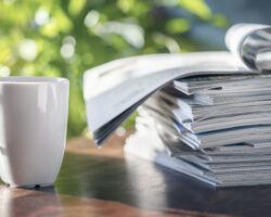 Journal pile on table