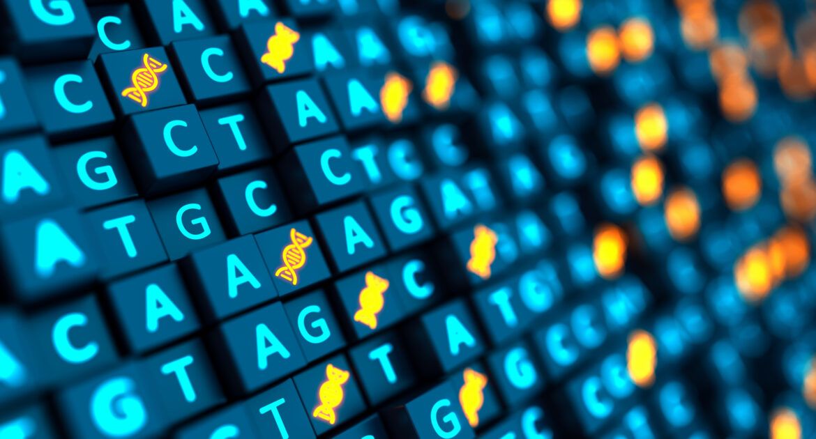 Futuristic 3d cubes background with DNA sequencing ACGT and double helix. Nucleic acid sequence. Genetic research. 3d illustration.