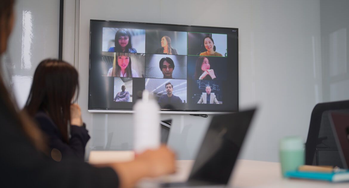 People hybrid working joining online meeting