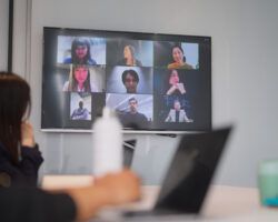 People hybrid working joining online meeting