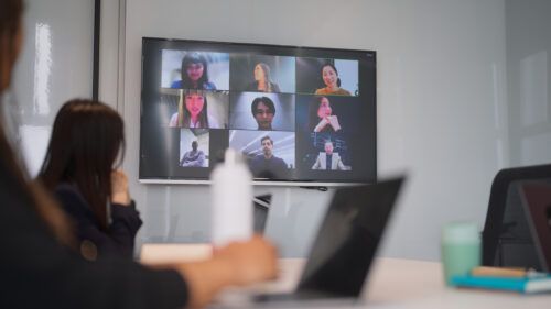 People hybrid working joining online meeting