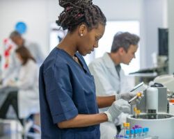 Immunology lecturer working in lab