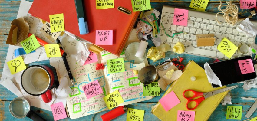 Messy workplace,chaotic office, overworked, bureaucracy,red tape concept with grungy desk,sticky notes and various office supplies, chaotic mess.