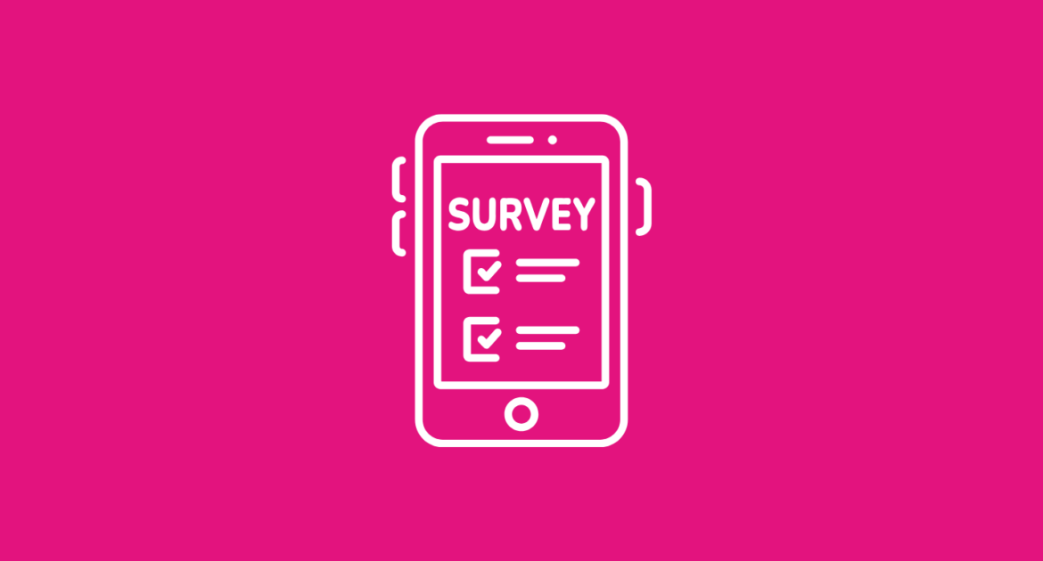 Pink background with white survey icon