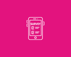 Pink background with white survey icon
