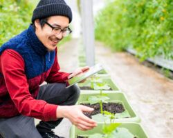 scientist conducting research using a digital tablet in a greenhouse