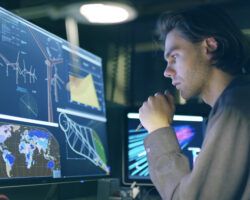 young male conducting research on wind turbines at a computer