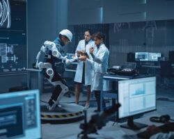 In Robotics Development Laboratory: Engineers and Scientists Work on a Bionics Exoskeleton Prototype with Person Testing it. Designing Wearable Exosuit to Help Disabled People, Warehouse Workers