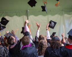 mixed group of graduates throwing mortar boards in air in celebration