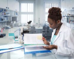 African scientist, medical worker or tech in modern laboratory