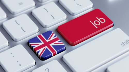 computer keyboard with union jack and red 'job' button